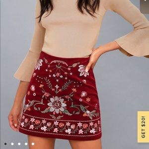 Lulus Mountain High Burgundy Embroidered Corduroy Mini Skirt - small